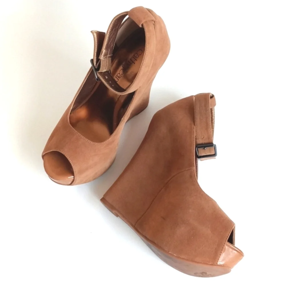 Cathy Jean Women’s Tan Suede Peep-Toe Wedge Heels with Ankle Strap 7